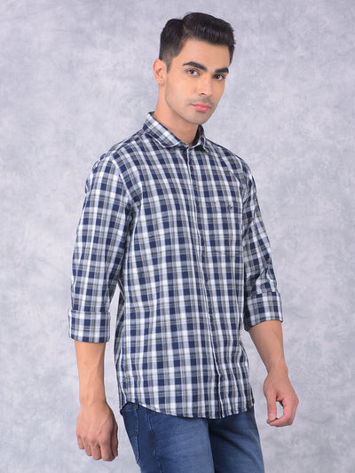 Navy Blue Checked 100% Cotton Shirt-Men Shirts-Crimsoune Club