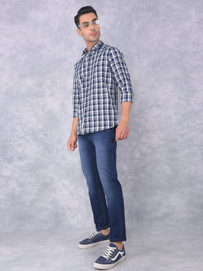 Navy Blue Checked 100% Cotton Shirt-Men Shirts-Crimsoune Club