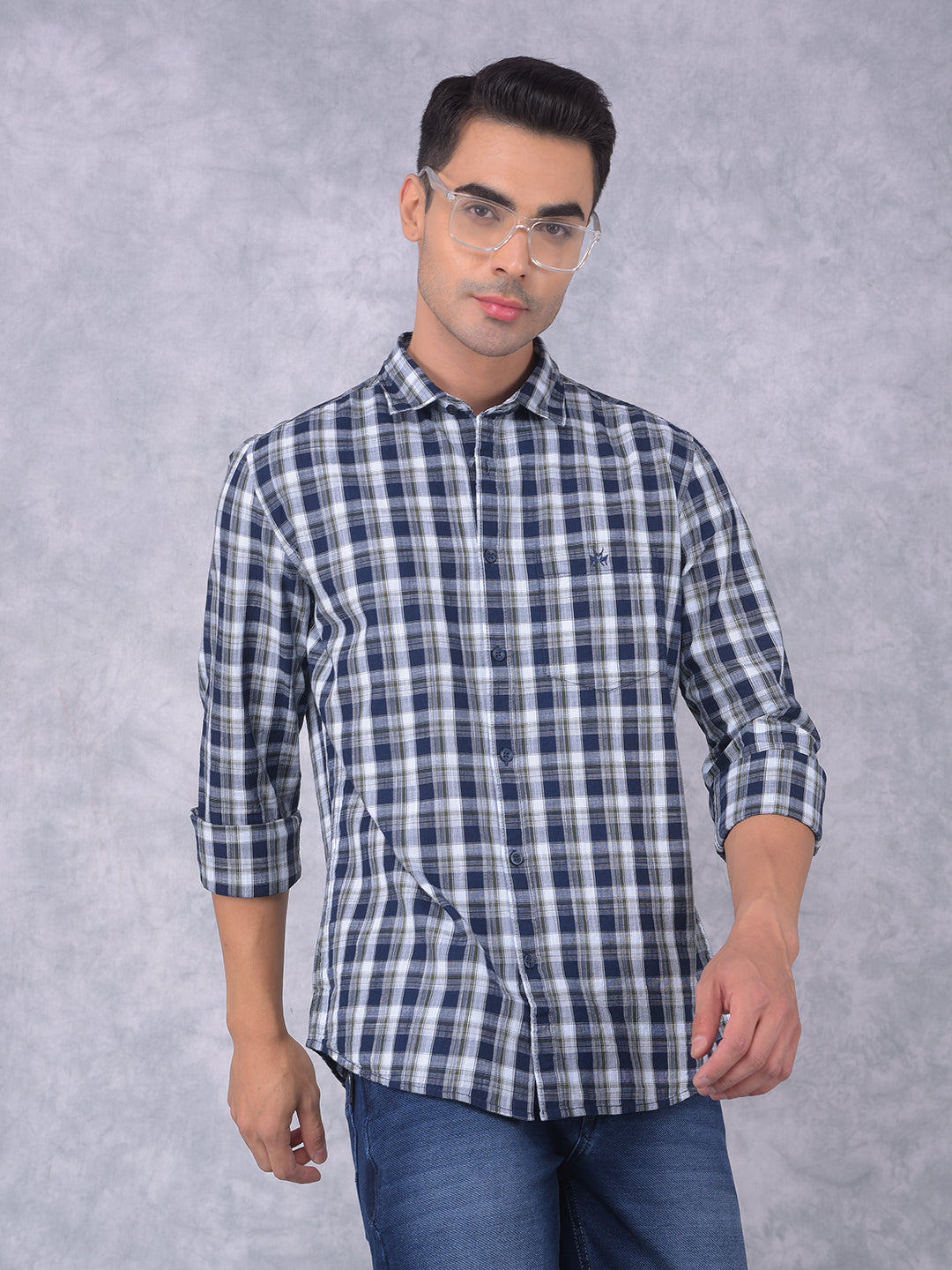 Navy Blue Checked 100% Cotton Shirt-Men Shirts-Crimsoune Club