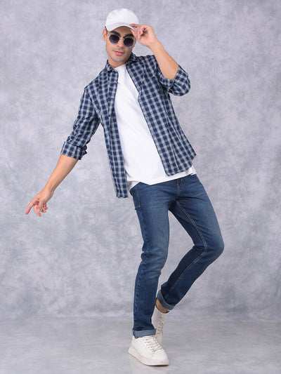 Navy Blue Checked 100% Cotton Shirt-Men Shirts-Crimsoune Club