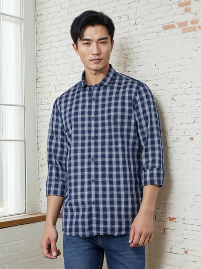 Navy Blue Checked 100% Cotton Shirt-Men Shirts-Crimsoune Club