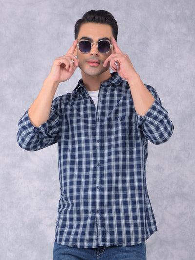Navy Blue Checked 100% Cotton Shirt-Men Shirts-Crimsoune Club