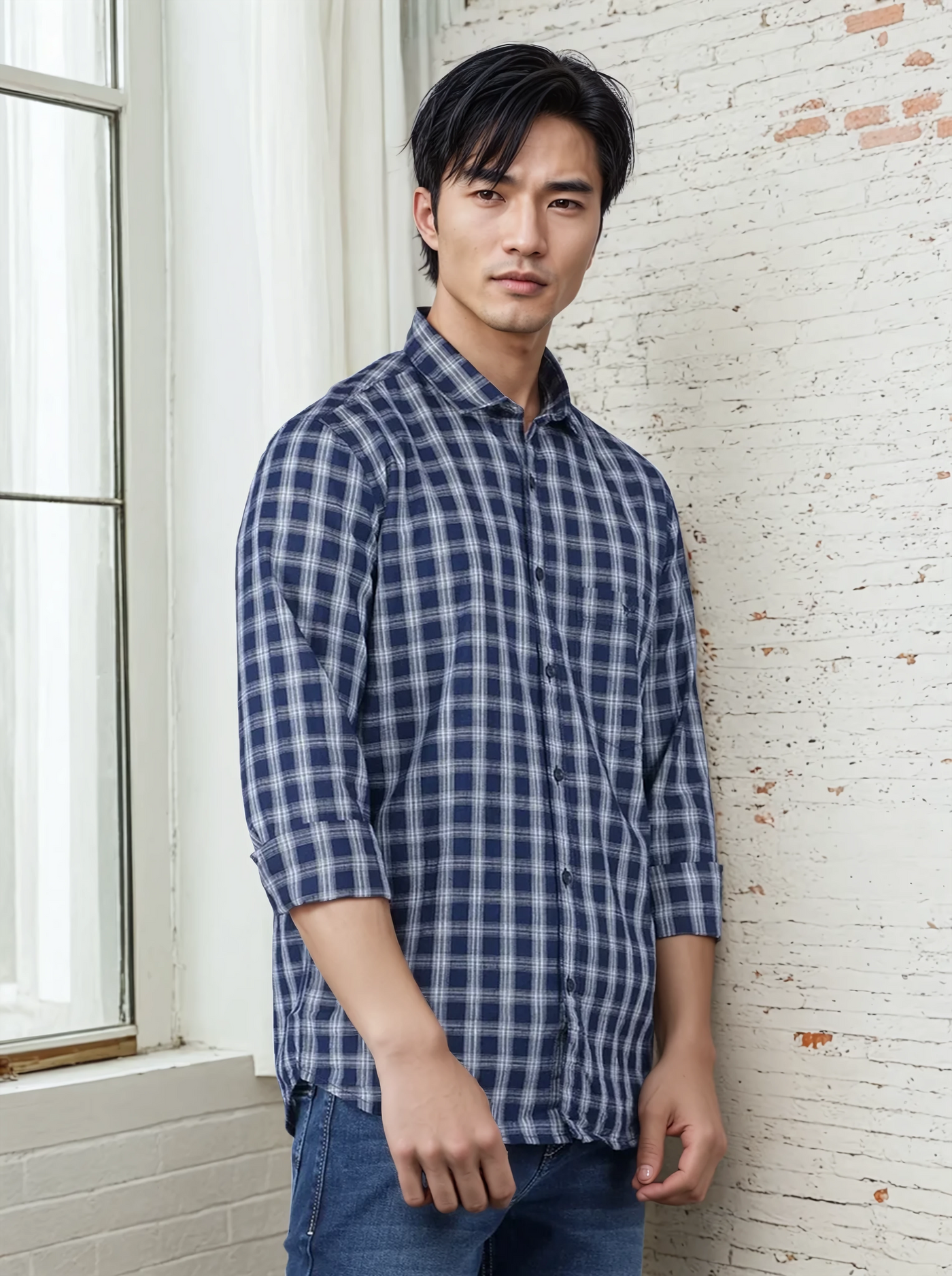 Navy Blue Checked 100% Cotton Shirt-Men Shirts-Crimsoune Club
