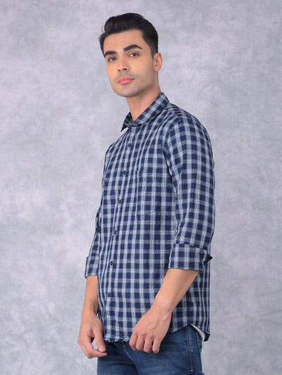 Navy Blue Checked 100% Cotton Shirt-Men Shirts-Crimsoune Club