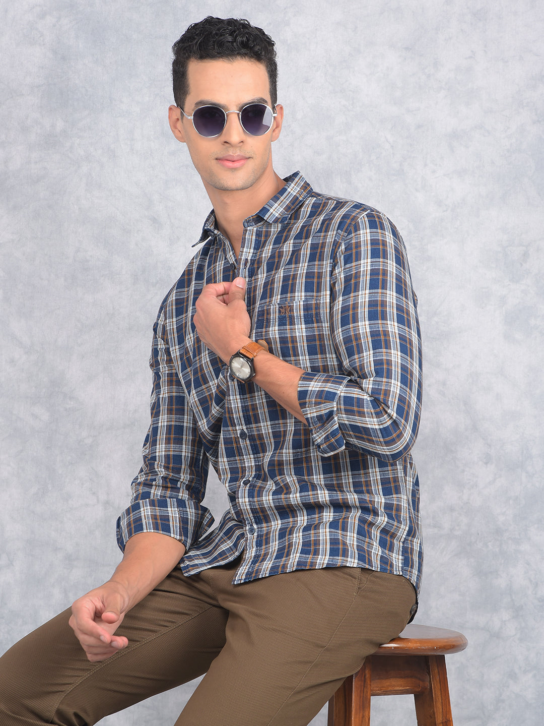 Mustard Checked 100% Cotton Shirt-Men Shirts-Crimsoune Club