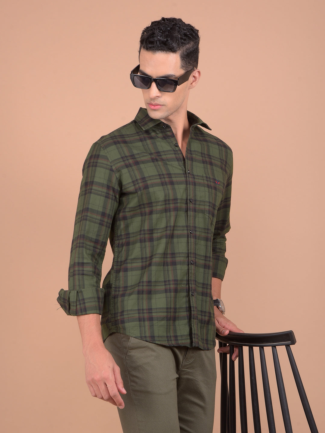 Olive Checked 100% Cotton Shirt-Men Shirts-Crimsoune Club