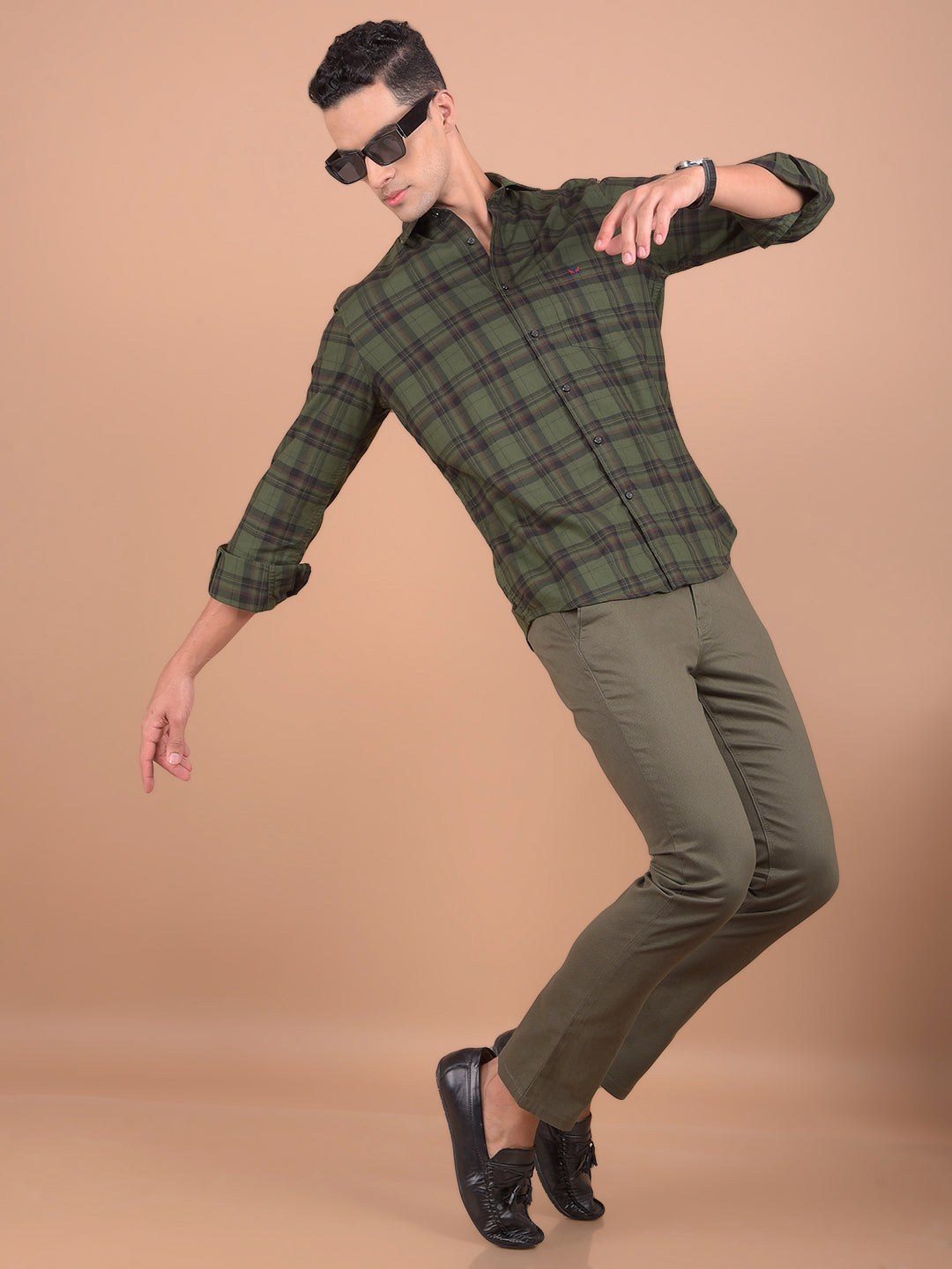 Olive Checked 100% Cotton Shirt-Men Shirts-Crimsoune Club