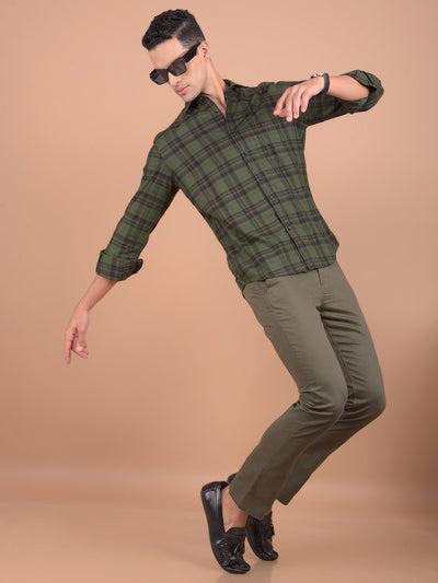 Olive Checked 100% Cotton Shirt-Men Shirts-Crimsoune Club