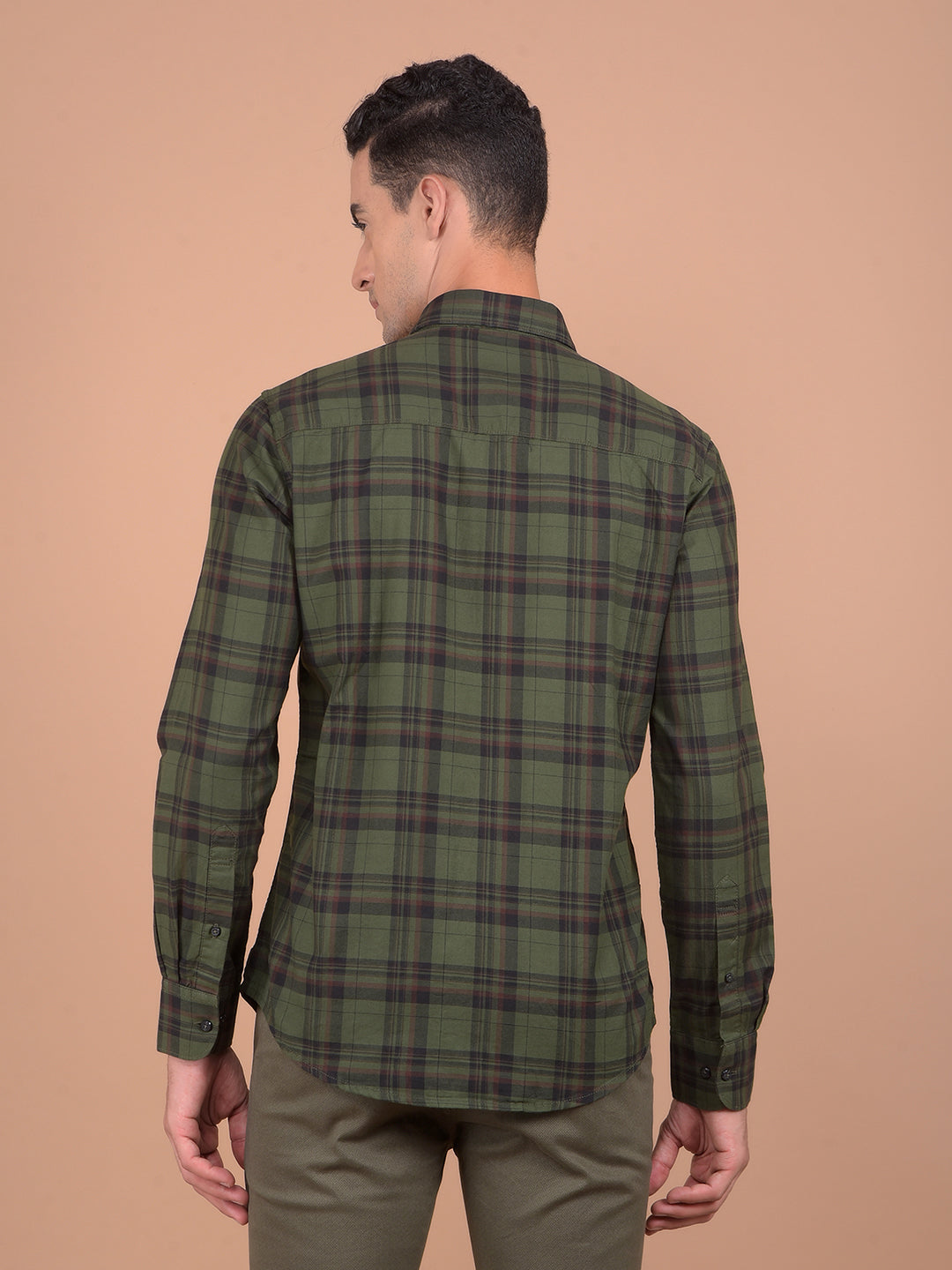 Olive Checked 100% Cotton Shirt-Men Shirts-Crimsoune Club