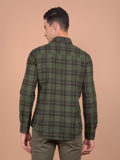 Olive Checked 100% Cotton Shirt-Men Shirts-Crimsoune Club