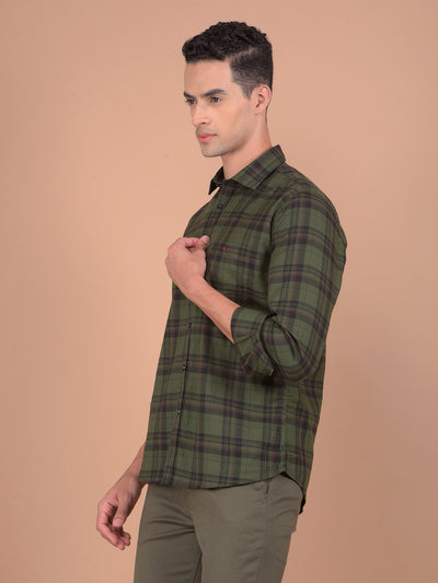 Olive Checked 100% Cotton Shirt-Men Shirts-Crimsoune Club