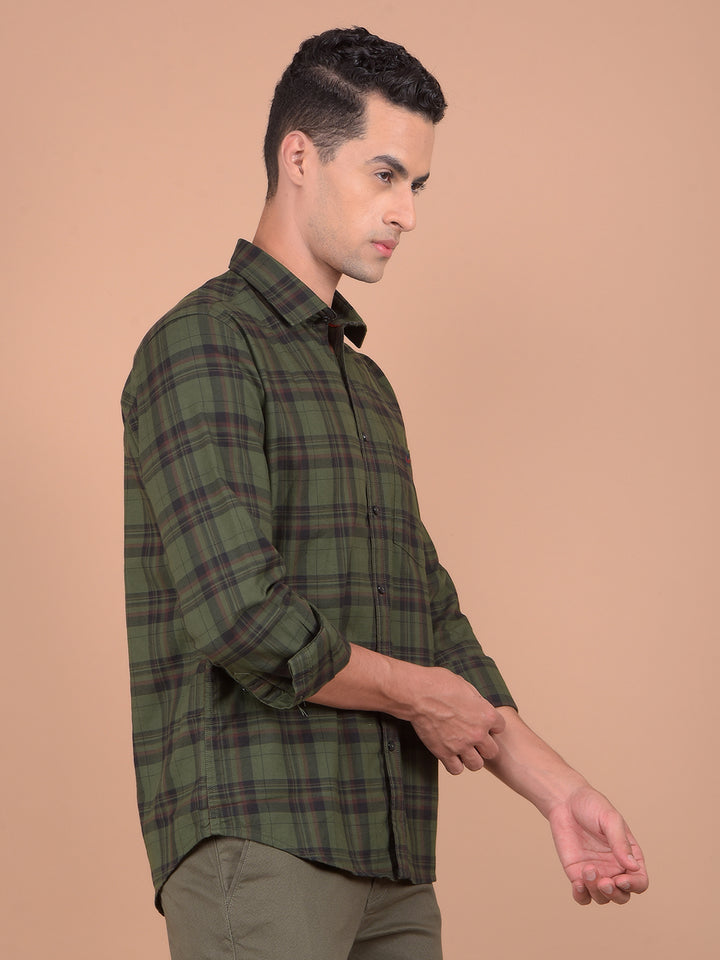 Olive Checked 100% Cotton Shirt-Men Shirts-Crimsoune Club