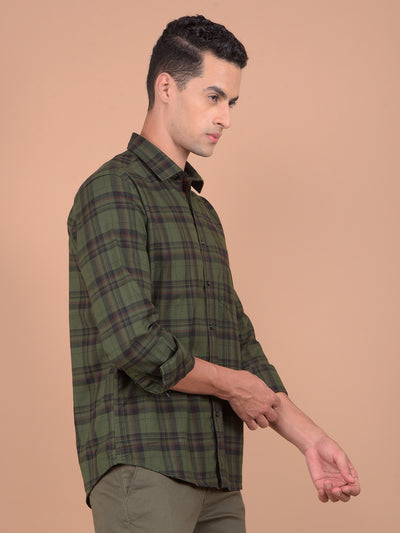 Olive Checked 100% Cotton Shirt-Men Shirts-Crimsoune Club