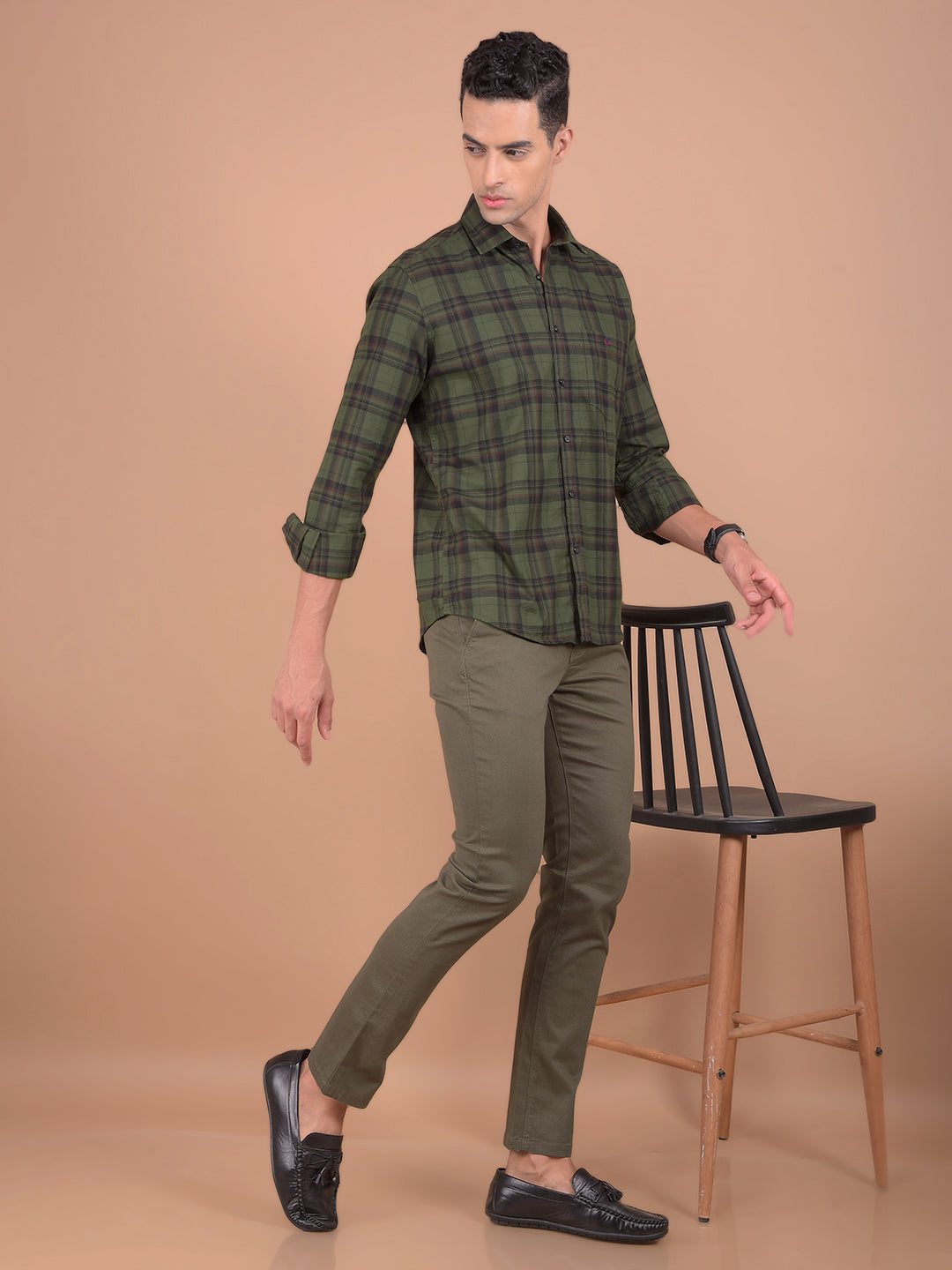 Olive Checked 100% Cotton Shirt-Men Shirts-Crimsoune Club
