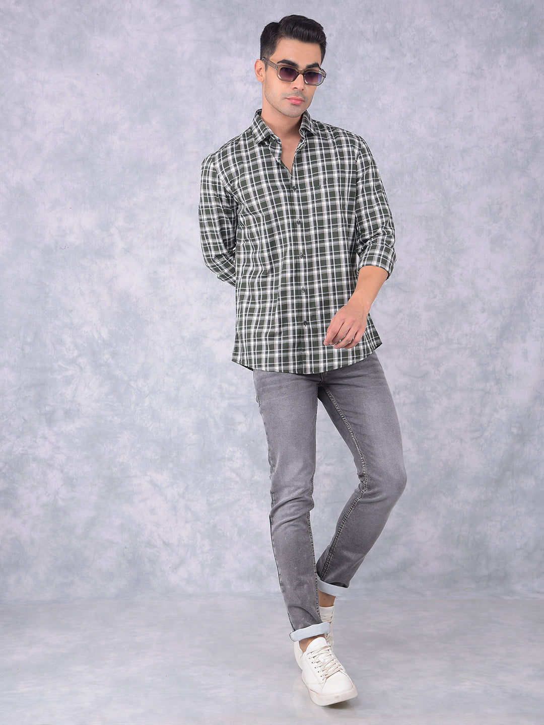 Olive Checked 100% Cotton Shirt-Men Shirts-Crimsoune Club