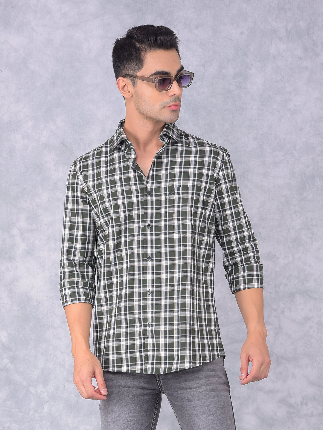 Olive Checked 100% Cotton Shirt-Men Shirts-Crimsoune Club