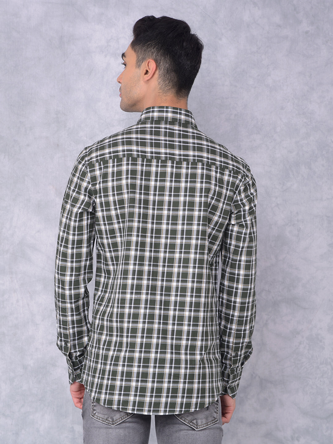 Olive Checked 100% Cotton Shirt-Men Shirts-Crimsoune Club