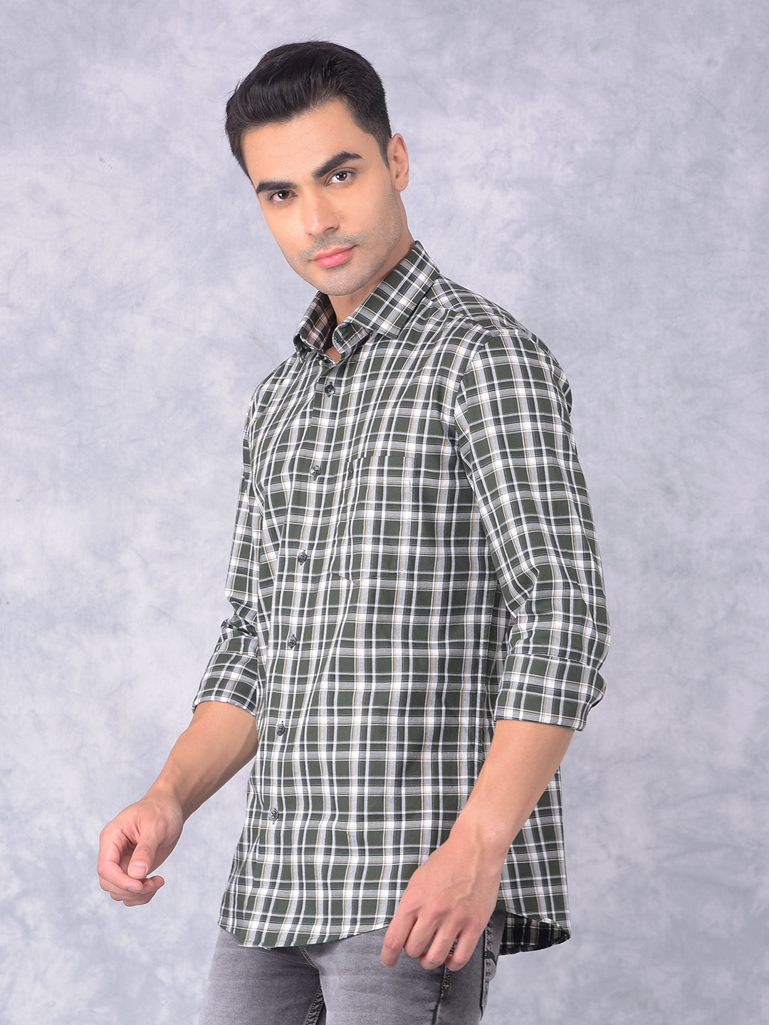 Olive Checked 100% Cotton Shirt-Men Shirts-Crimsoune Club