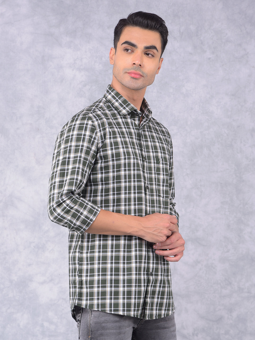 Olive Checked 100% Cotton Shirt-Men Shirts-Crimsoune Club