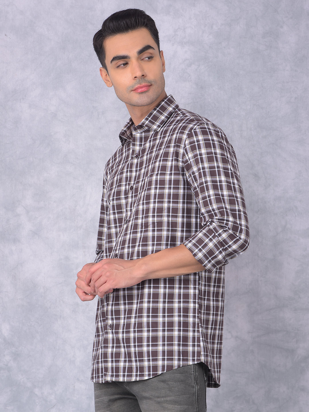 Brown Checked 100% Cotton Shirt-Men Shirts-Crimsoune Club