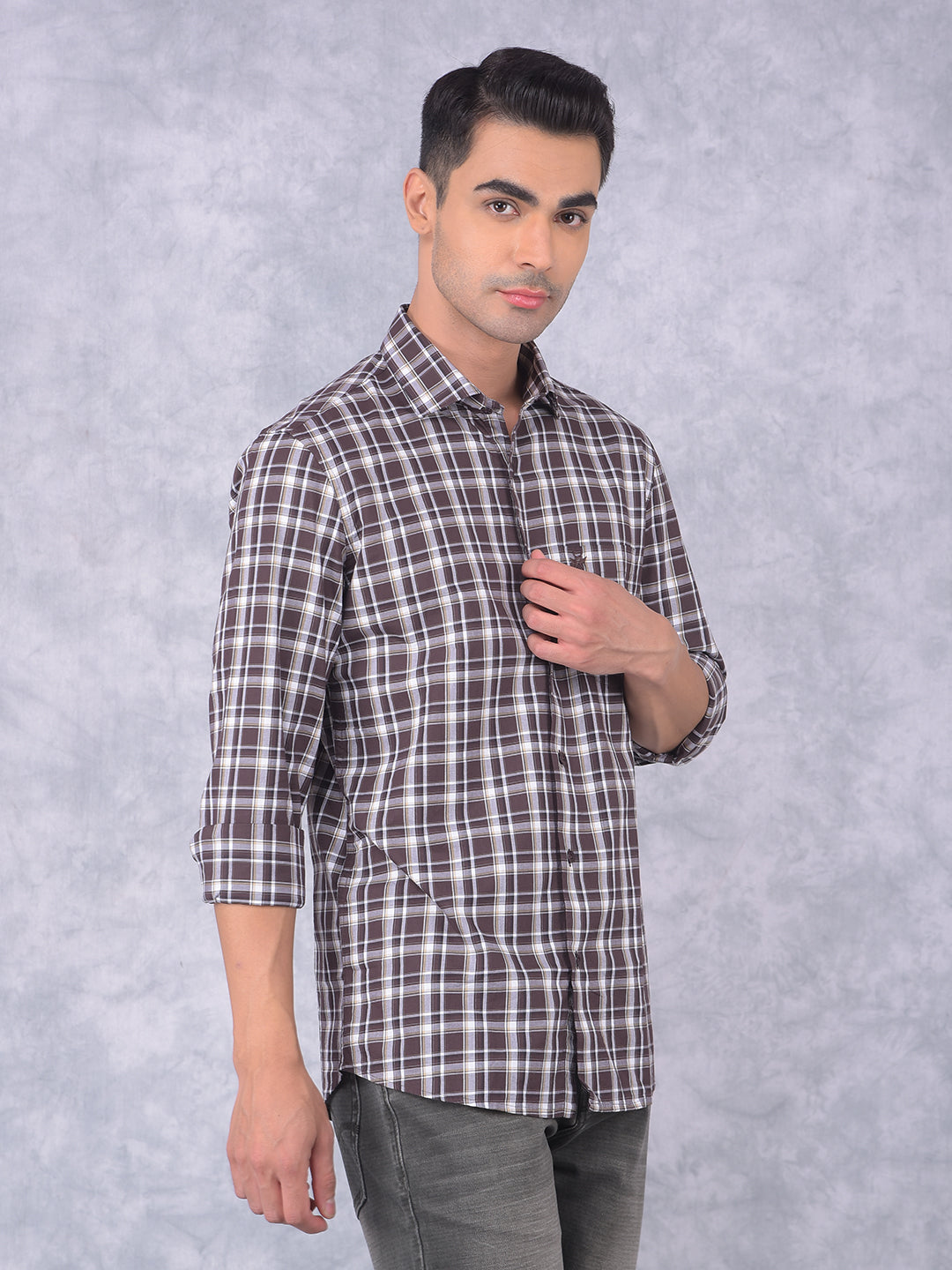 Brown Checked 100% Cotton Shirt-Men Shirts-Crimsoune Club