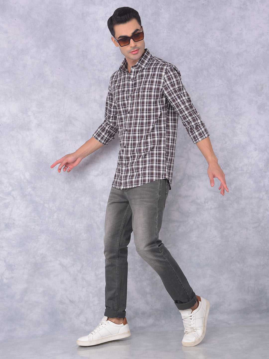 Brown Checked 100% Cotton Shirt-Men Shirts-Crimsoune Club