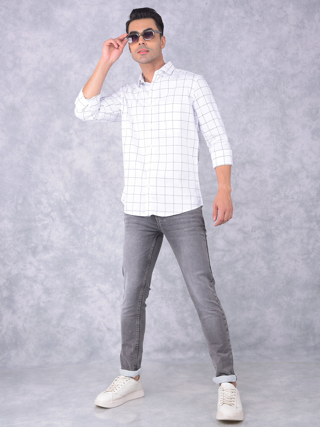 White Windowpane Check 100% Cotton Shirt-Men Shirts-Crimsoune Club