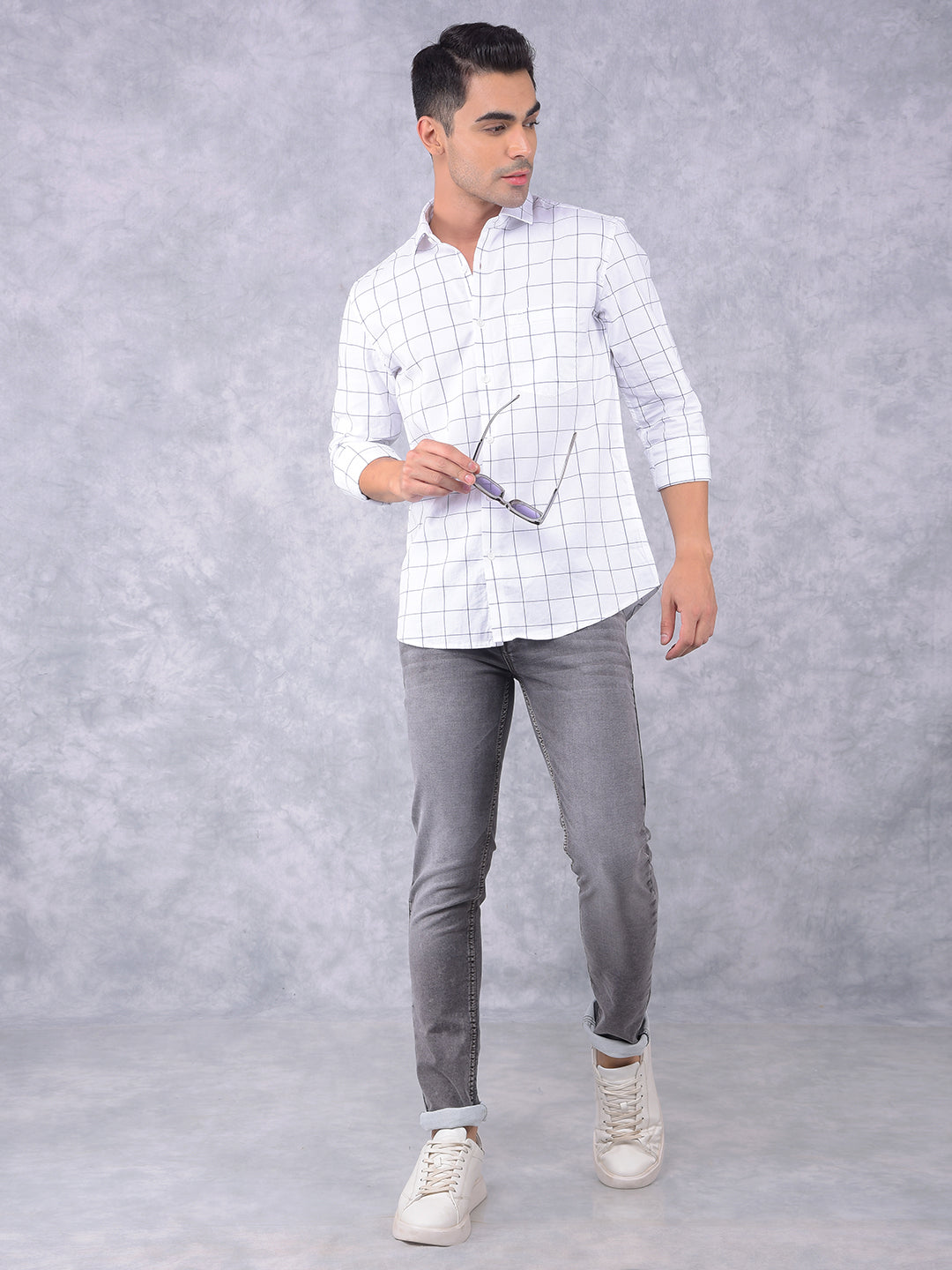White Windowpane Check 100% Cotton Shirt-Men Shirts-Crimsoune Club