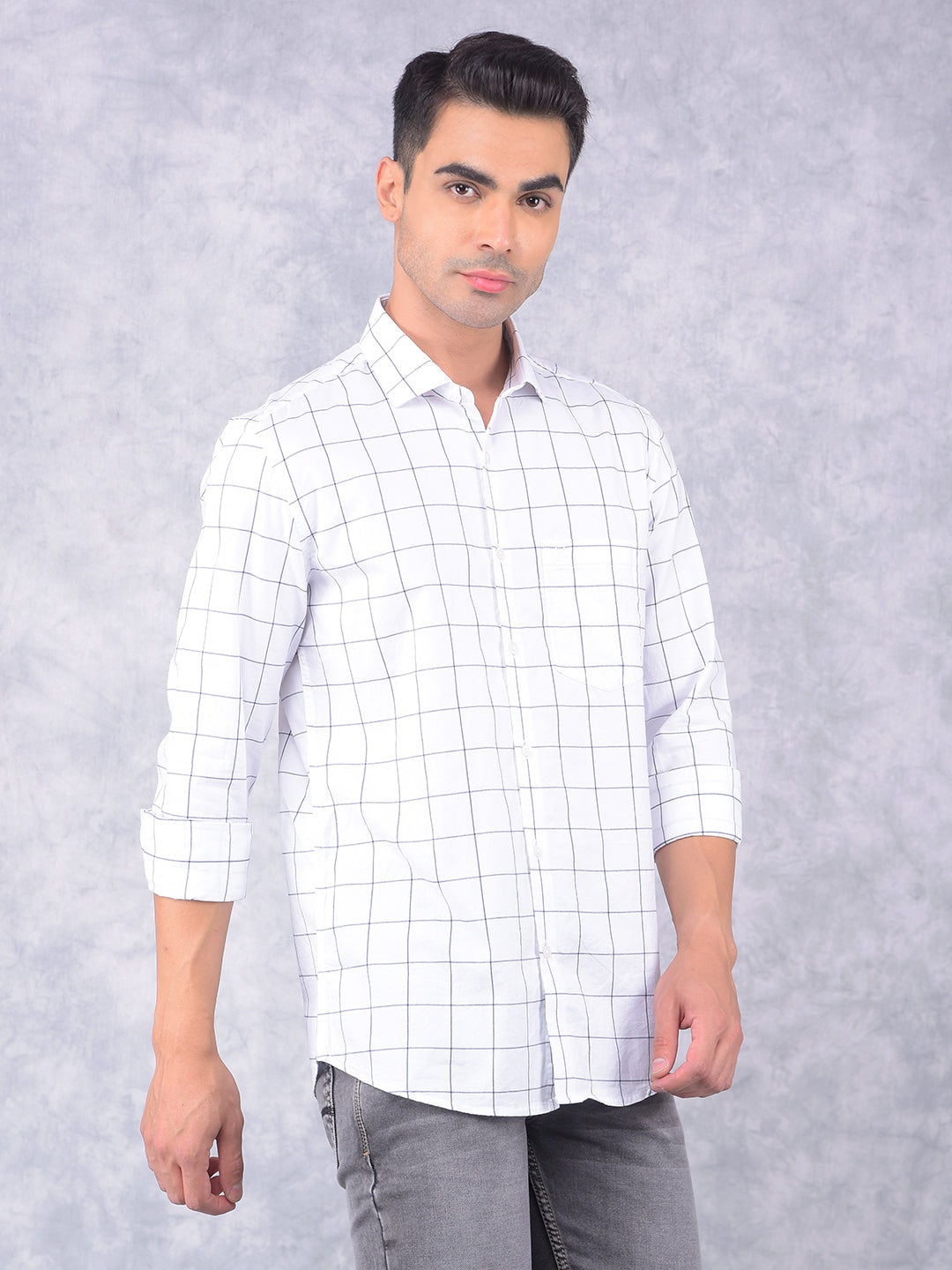 White Windowpane Check 100% Cotton Shirt-Men Shirts-Crimsoune Club