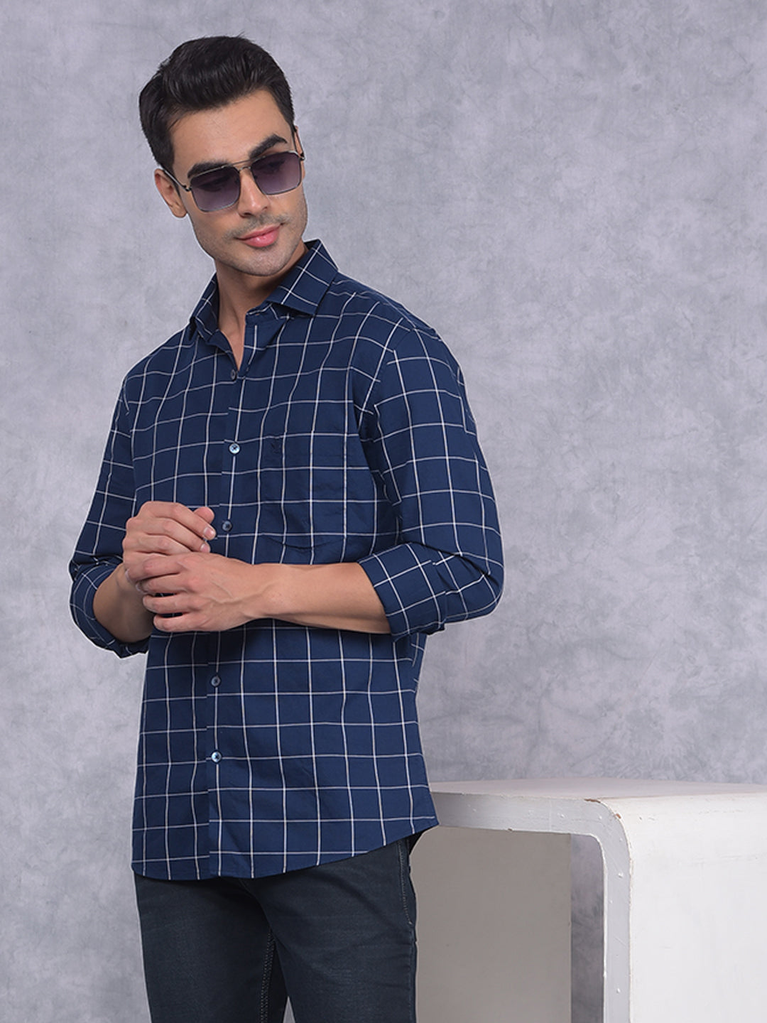 Navy Blue Windowpane Check 100% Cotton Shirt-Men Shirts-Crimsoune Club