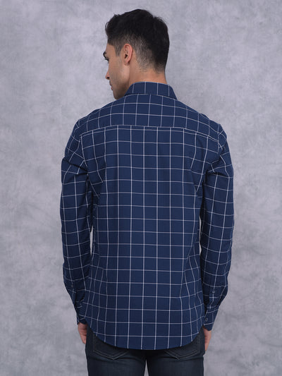 Navy Blue Windowpane Check 100% Cotton Shirt-Men Shirts-Crimsoune Club