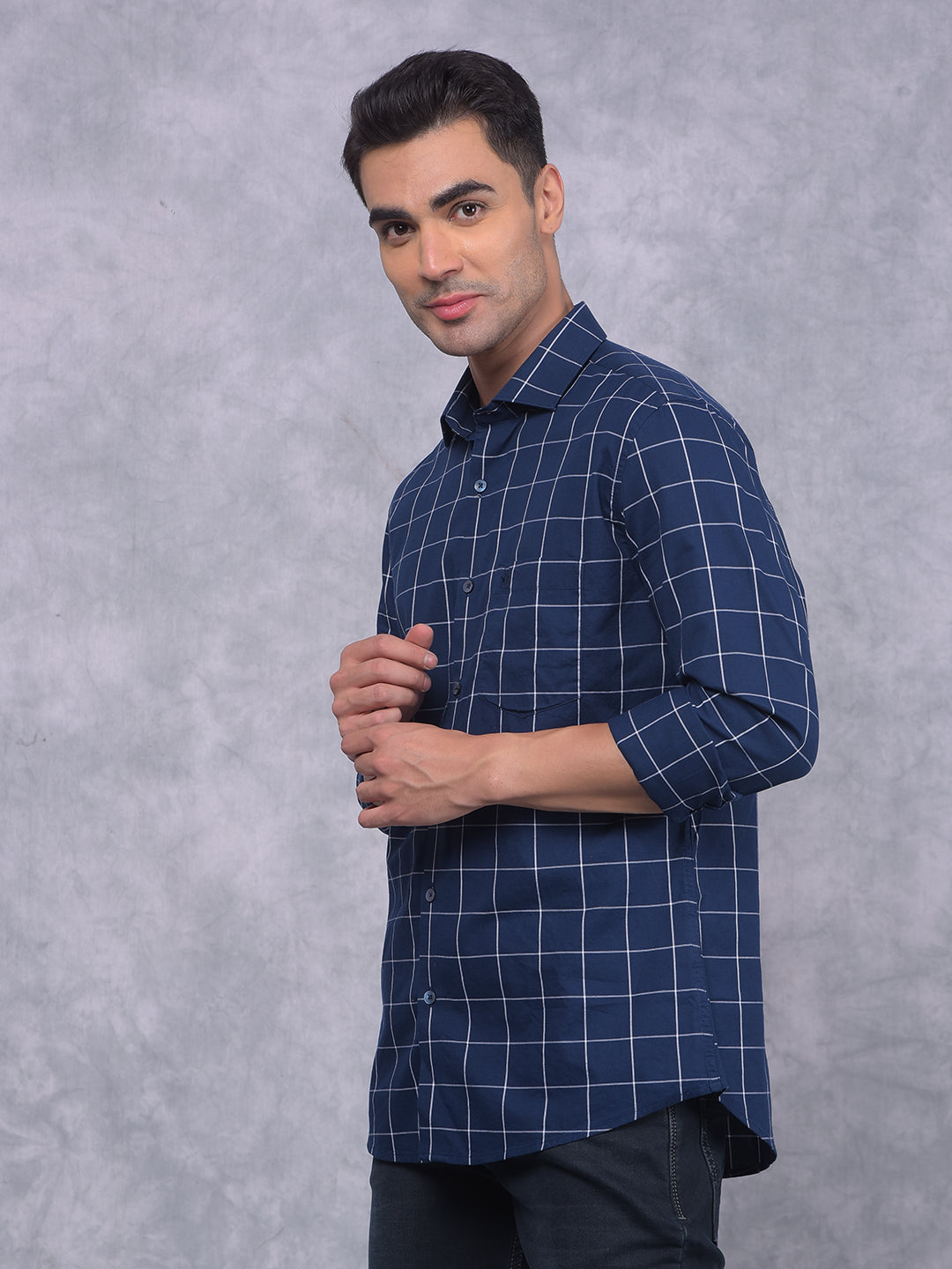 Navy Blue Windowpane Check 100% Cotton Shirt-Men Shirts-Crimsoune Club