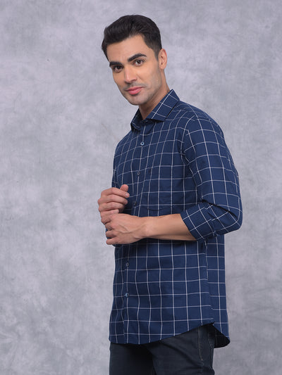 Navy Blue Windowpane Check 100% Cotton Shirt-Men Shirts-Crimsoune Club