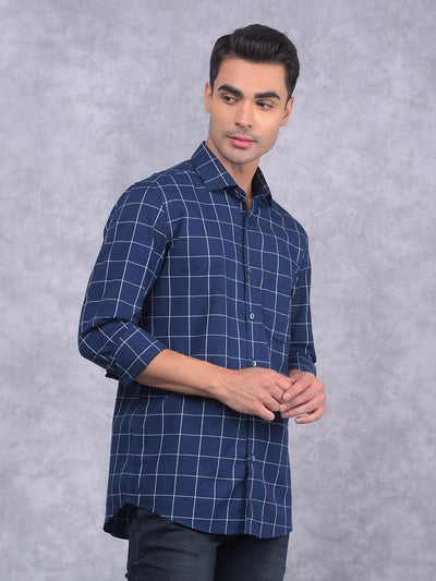 Navy Blue Windowpane Check 100% Cotton Shirt-Men Shirts-Crimsoune Club