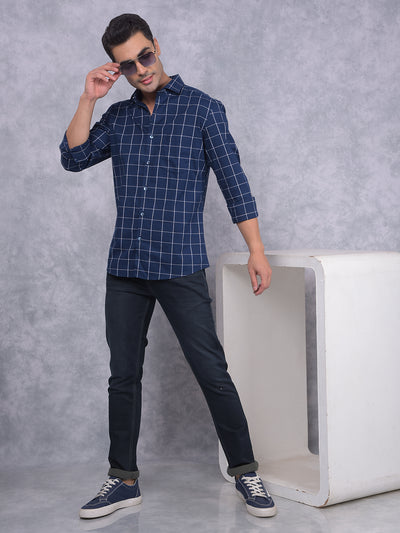 Navy Blue Windowpane Check 100% Cotton Shirt-Men Shirts-Crimsoune Club