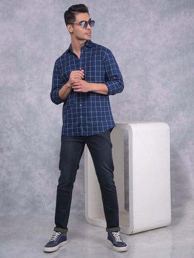 Navy Blue Windowpane Check 100% Cotton Shirt-Men Shirts-Crimsoune Club