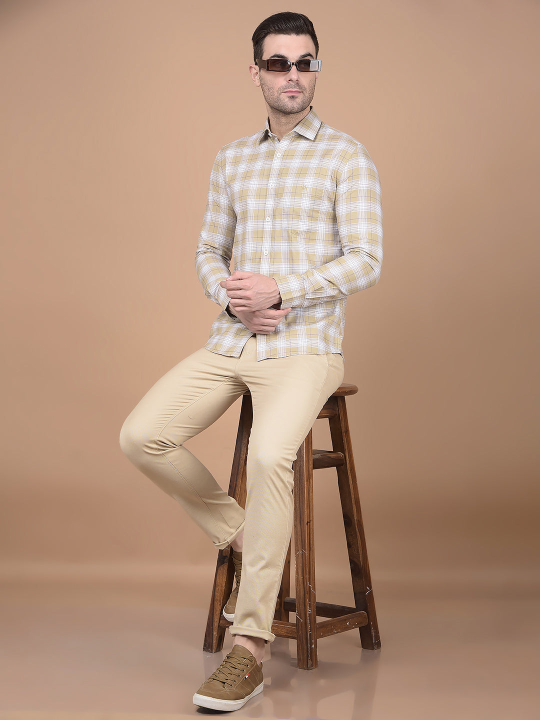 Khaki Checked 100% Cotton Shirt-Men Shirts-Crimsoune Club