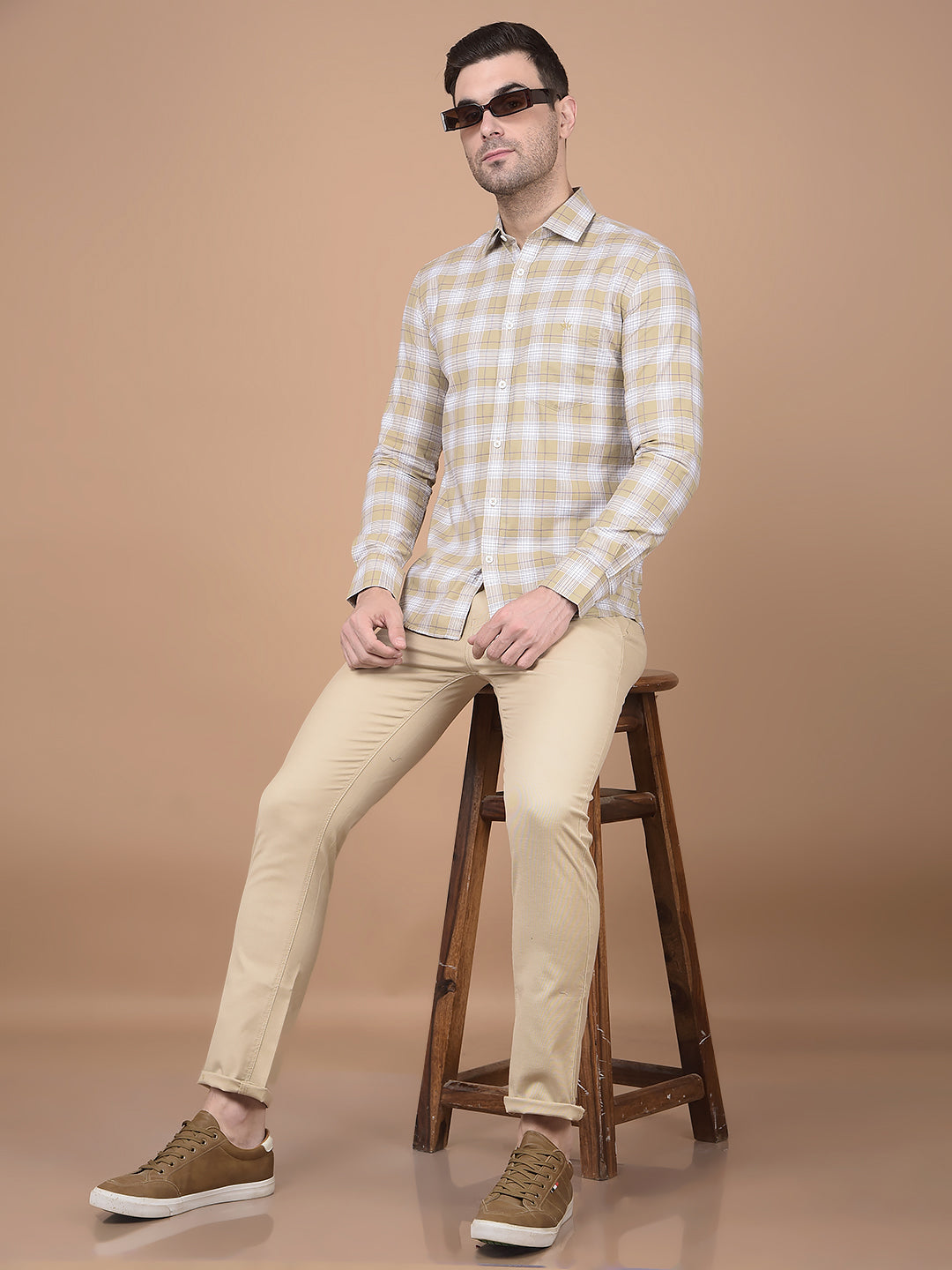 Khaki Checked 100% Cotton Shirt-Men Shirts-Crimsoune Club