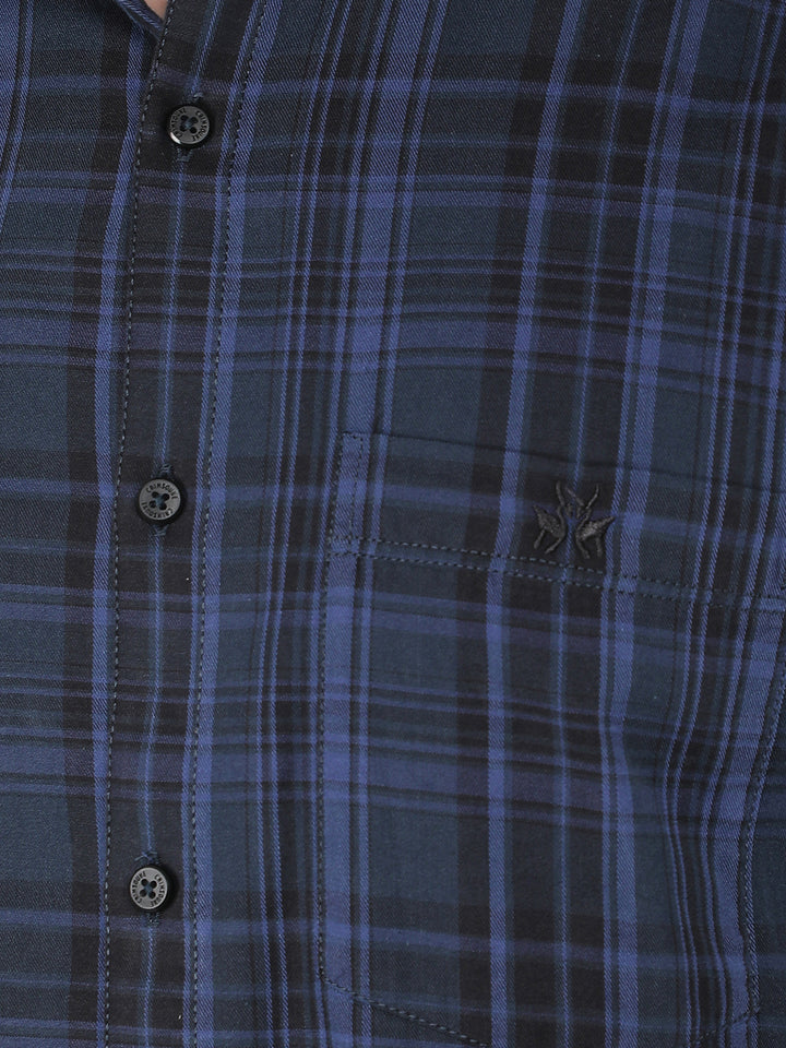 Navy Blue Checkered 100% Cotton Shirt-Men Shirts-Crimsoune Club