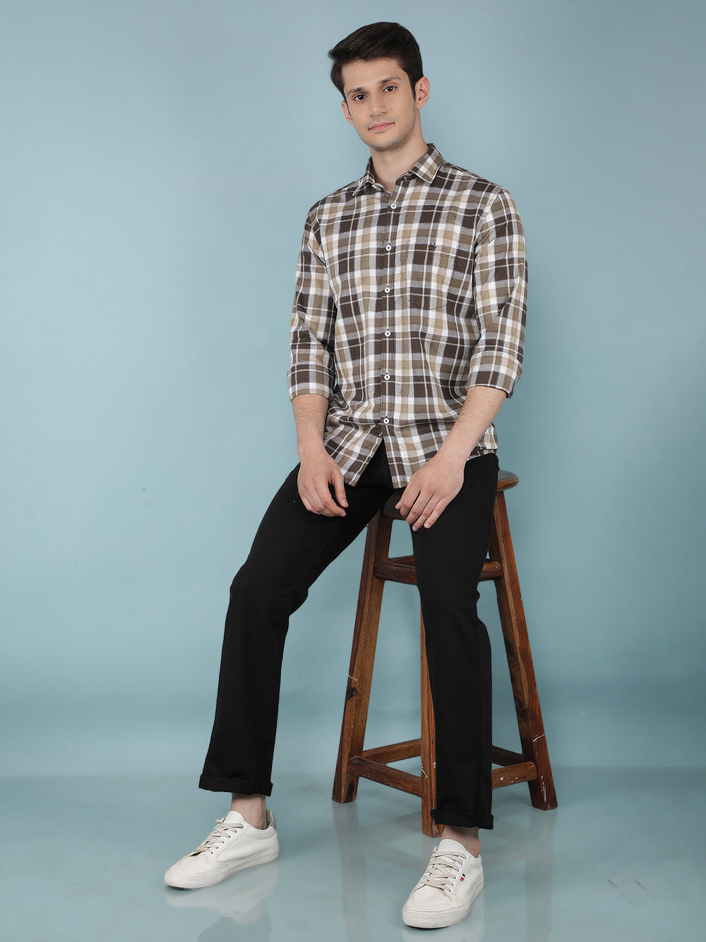 Brown Checkered 100% Cotton Shirt-Men Shirts-Crimsoune Club
