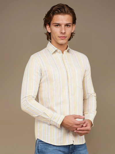 Beige Vertical Striped 100% Cotton Shirt-Men Shirts-Crimsoune Club