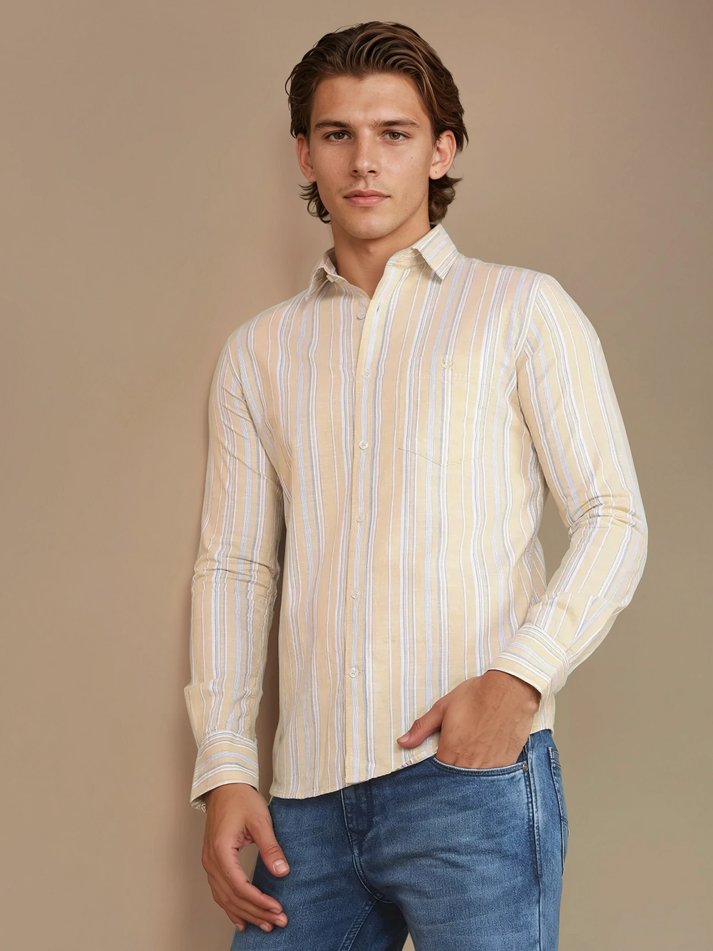 Beige Vertical Striped 100% Cotton Shirt-Men Shirts-Crimsoune Club