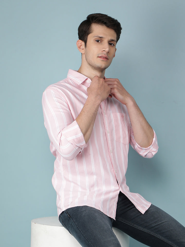 Pink Vertical Stripes 100% Cotton Shirt-Men Shirts-Crimsoune Club