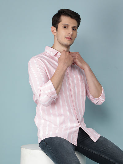 Pink Vertical Stripes 100% Cotton Shirt-Men Shirts-Crimsoune Club