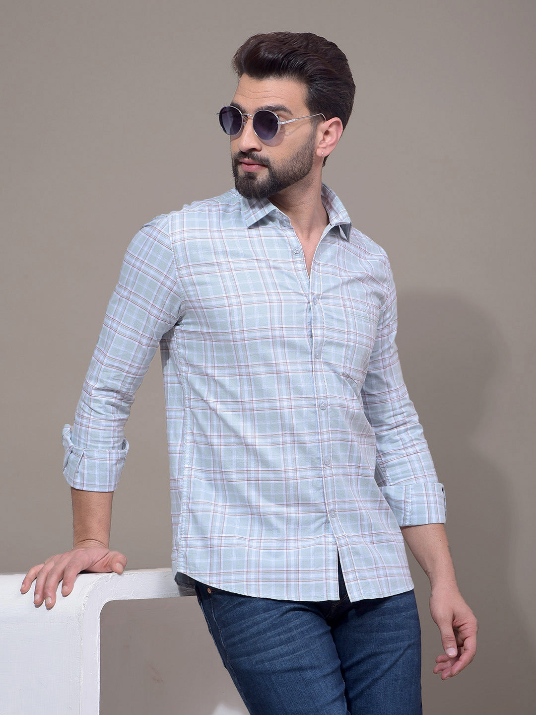 Green Checked 100% Cotton Shirt-Men Shirts-Crimsoune Club