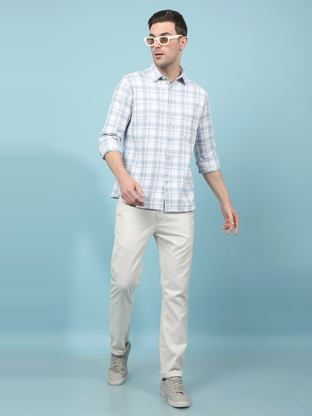 Blue Checked 100% Cotton Shirt-Men Shirts-Crimsoune Club