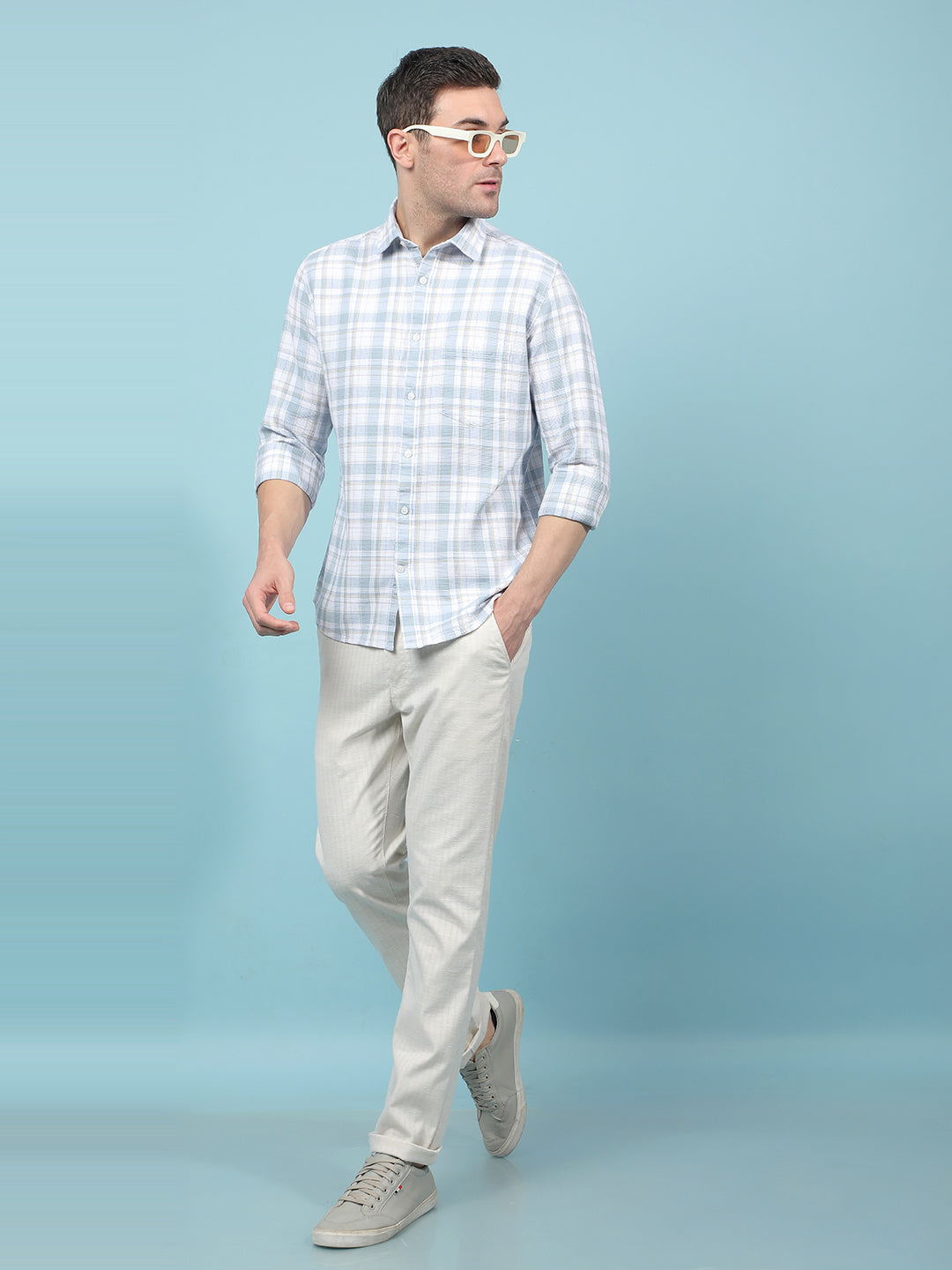 Blue Checked 100% Cotton Shirt-Men Shirts-Crimsoune Club