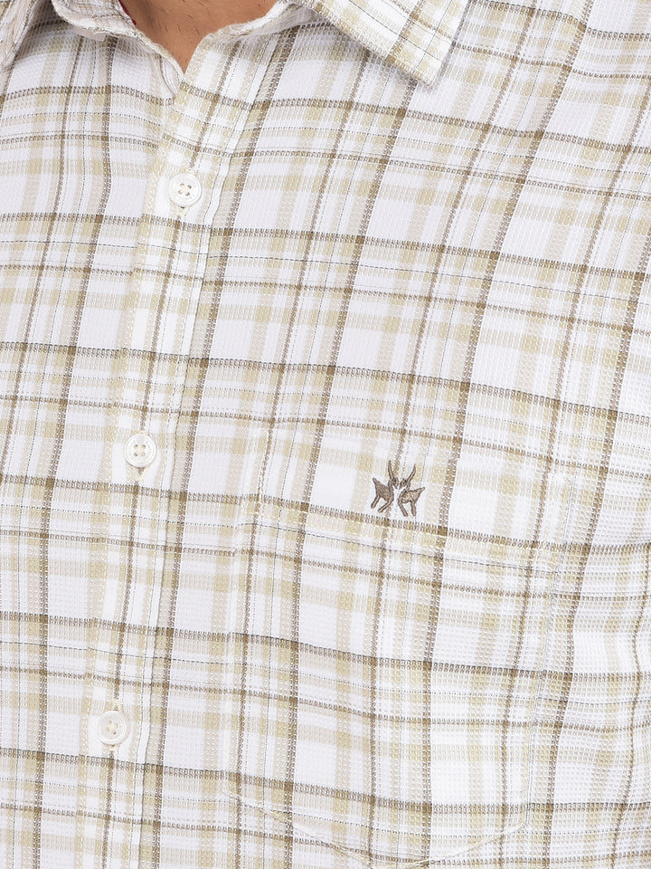 Beige Checked 100% Cotton Knitted Shirt-Men Shirts-Crimsoune Club