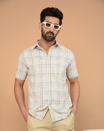 Beige Checked 100% Cotton Shirt-Men Shirts-Crimsoune Club