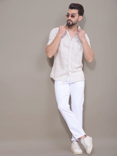 Beige Checked Linen Shirt-Men Shirts-Crimsoune Club
